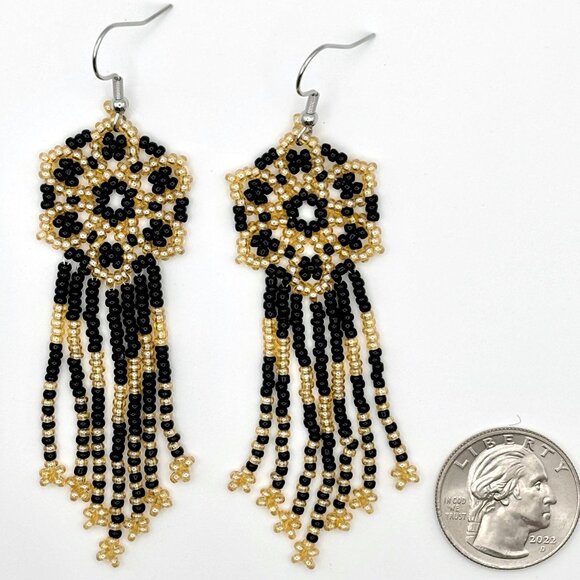 3 1/2" Boho Gold & Black Flower Tasseled Hand Beaded Tassel Dangle Earrings New - Picture 3 of 3